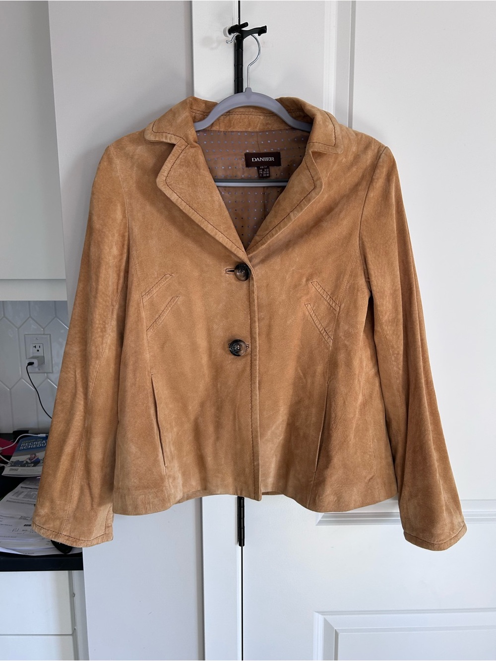 Vintage Danier Tan Suede Leather Blazer Jacket Button Notch Collar Equestrian
